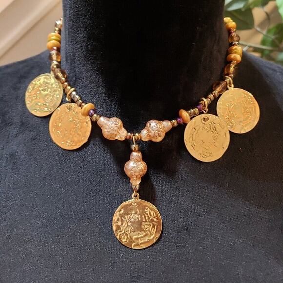 Gold Plating Coin and Round Beaded Stylish Necklace Lobster Clasp - Picture 1 of 7